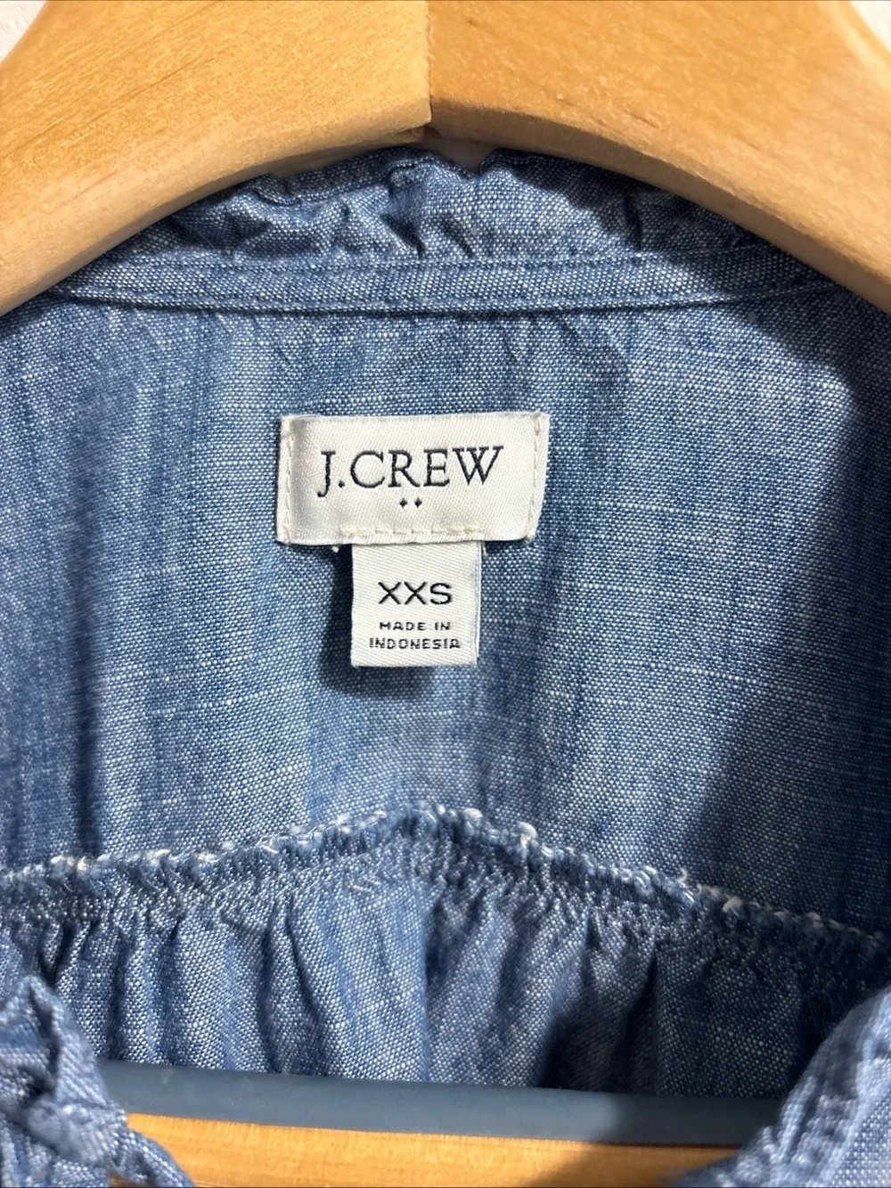 J.Crew Popover Chambray Ruffle Neck Peasant Top Womens XXS Long Sleeve Cotton - Picture 8 of 16